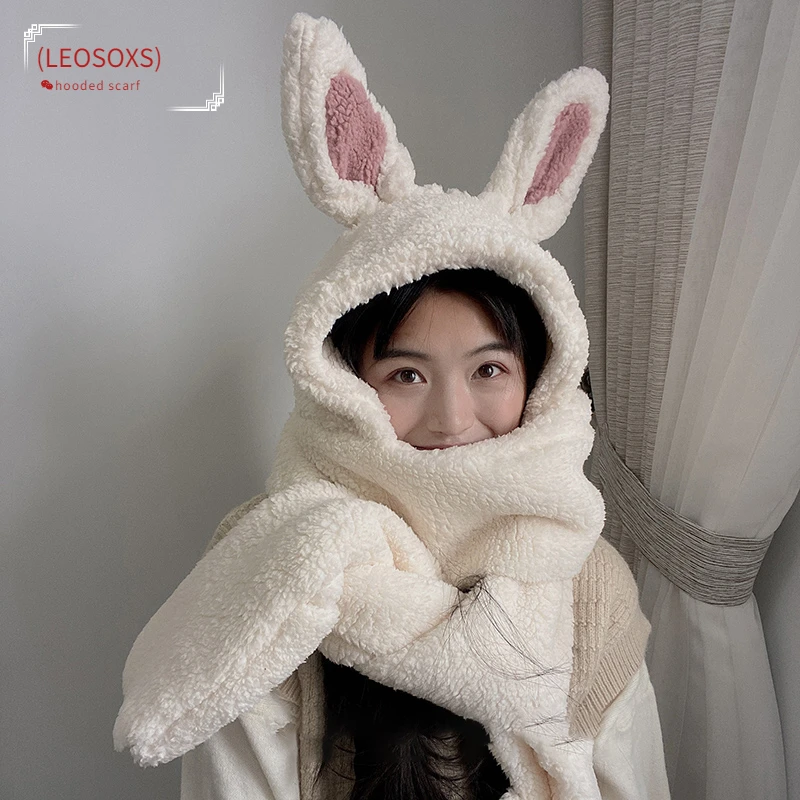 

Women Bunny 3 In 1 Winter Warm Soft CuteThickening Hood Scarf Snood Pocket Hats Hooded Srarves Scarf Hat Glove 3 Piece