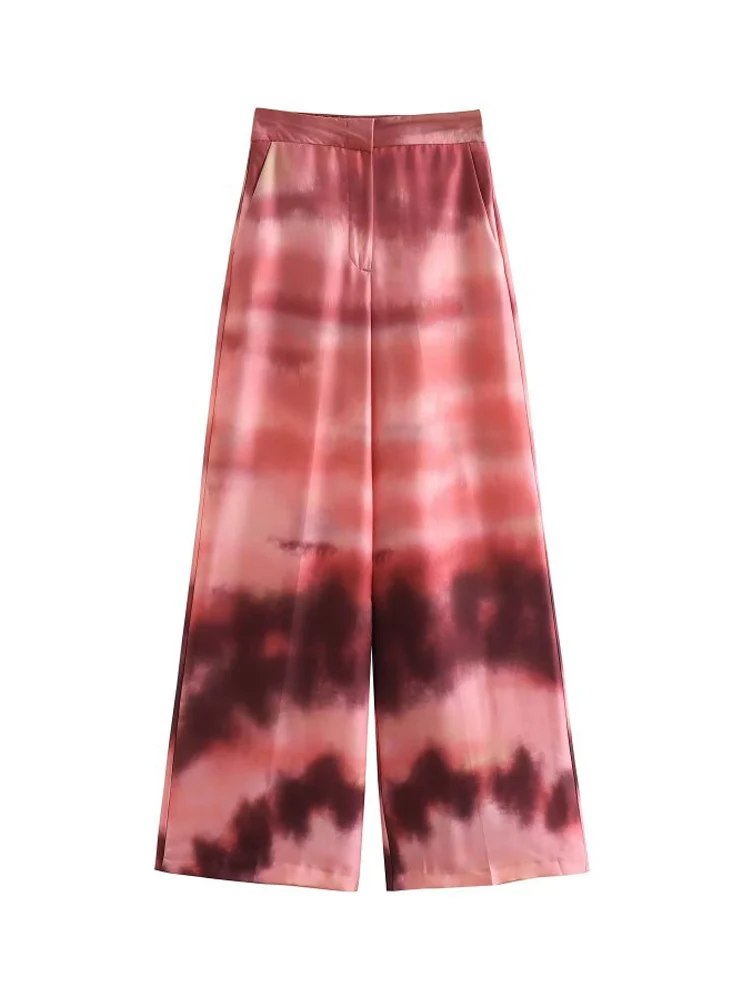 

Kumsvag 2023 Women Summer Wide Leg Pants Vintage Satin Zipper Tie-dye High Waist Female Elegant Street Pant Trousers Clothing