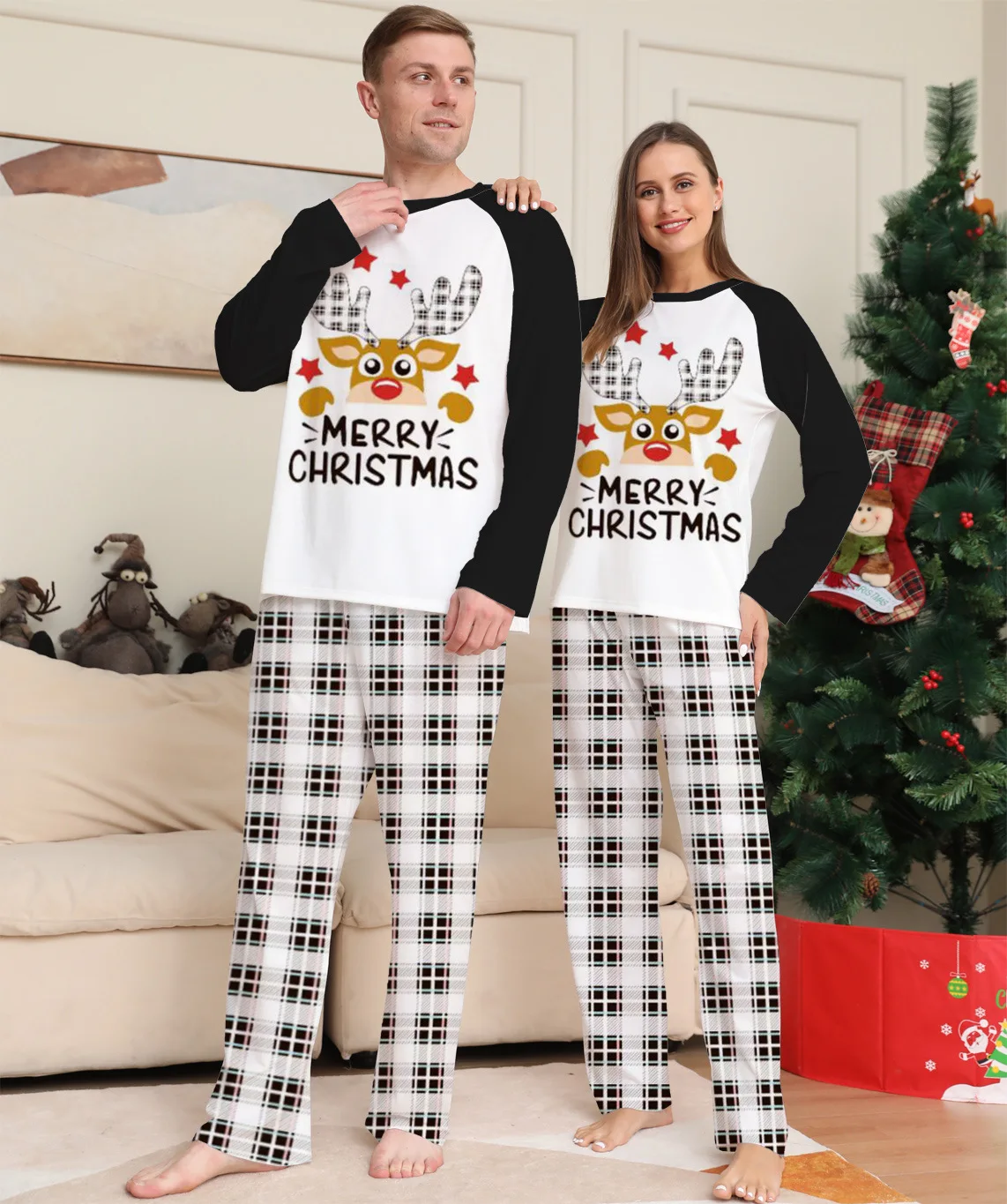 

Cute Deer Print White Plaid Couples Mother Kids Family Matching Set Christmas Pajamas Mommy Me Daddy Daughter Baby Xmas Pjs 2023