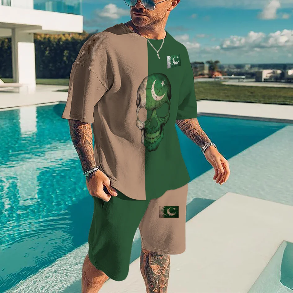 New Fashion Brand Street Hip Hop T-shirt Mens Summer Casual  Sportswear Oversized 3d Skull Print Short Sets