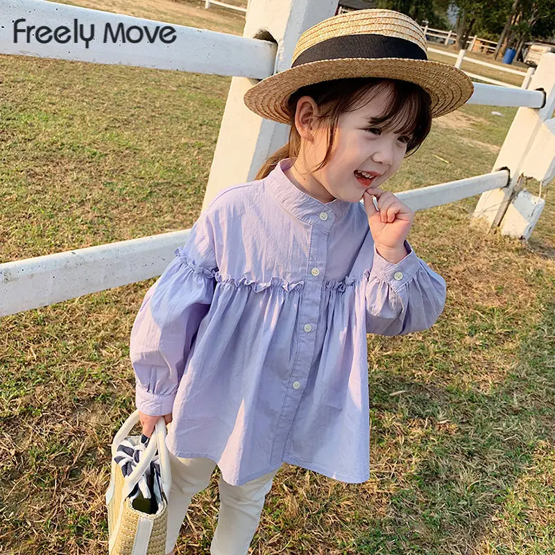 

Freely Move 2022 Spring Autumn Baby Girls Puff Long Sleeve Blouses Solid Color Children Tops Korean Style Kids Pleated Shirts