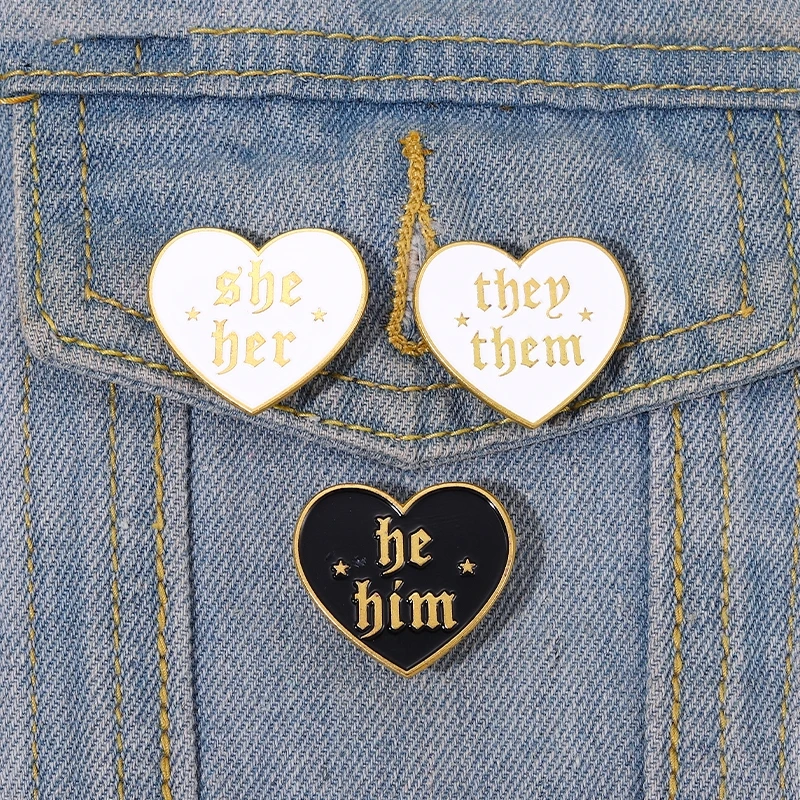 He Him She Her They Them Pronouns Enamel Pins Black/ White Heart Shape Badge Brooch for For Jewelry Accessory Gifts