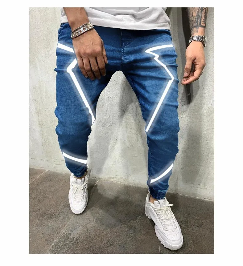 Denim trousers 2022 new spring, summer and autumn men's jeans personality reflective hip-hop fashion high street trousers loose