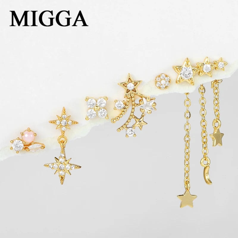 

MIGGA 6pcs Mixed Cubic Zirconia Crystal Moon Star Stud Earrings Set Gold Color Plated Women Jewelry