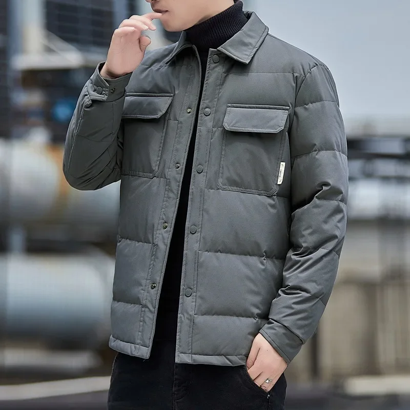 Повседневный мужской пуховик новый зимний с воротником лацканами тонкий теплый