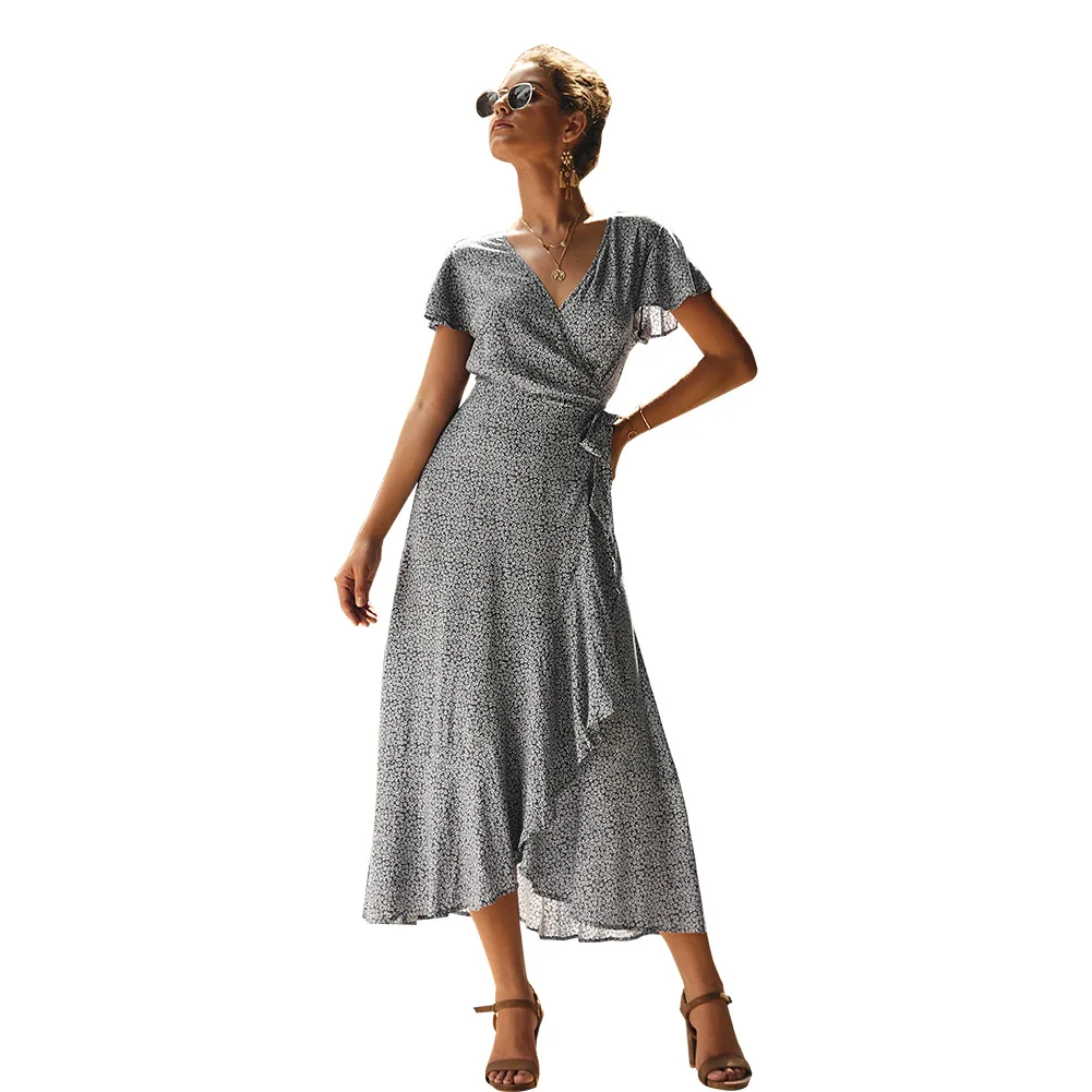 

Summer Dresses Short Sleeves V Neck Mid Waist Seaside Skirt Plus Size Loose Casual Vintage Beach Vacation Style Dress for Women