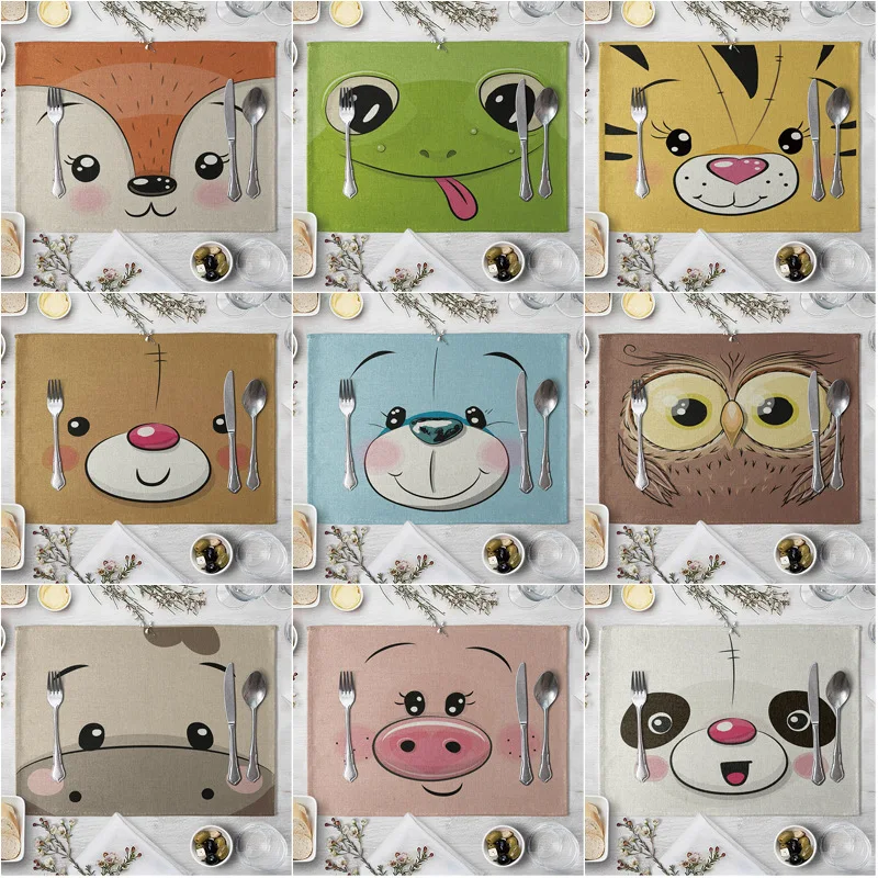

Animal Cotton Linen Table Mat Cartoon Pig Bear Fox Frog Pattern Placemats For Children Kids Kitchen Dining Place Mats Pads