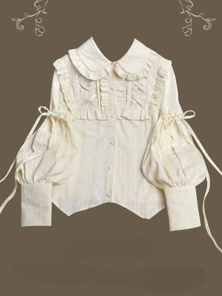 

Lolita Sweet Tie-Neck Lantern Sleeve Shirt Women's Fashion All-Match Elegant Retro Button Blouse 2023 Spring Summer New Blusas