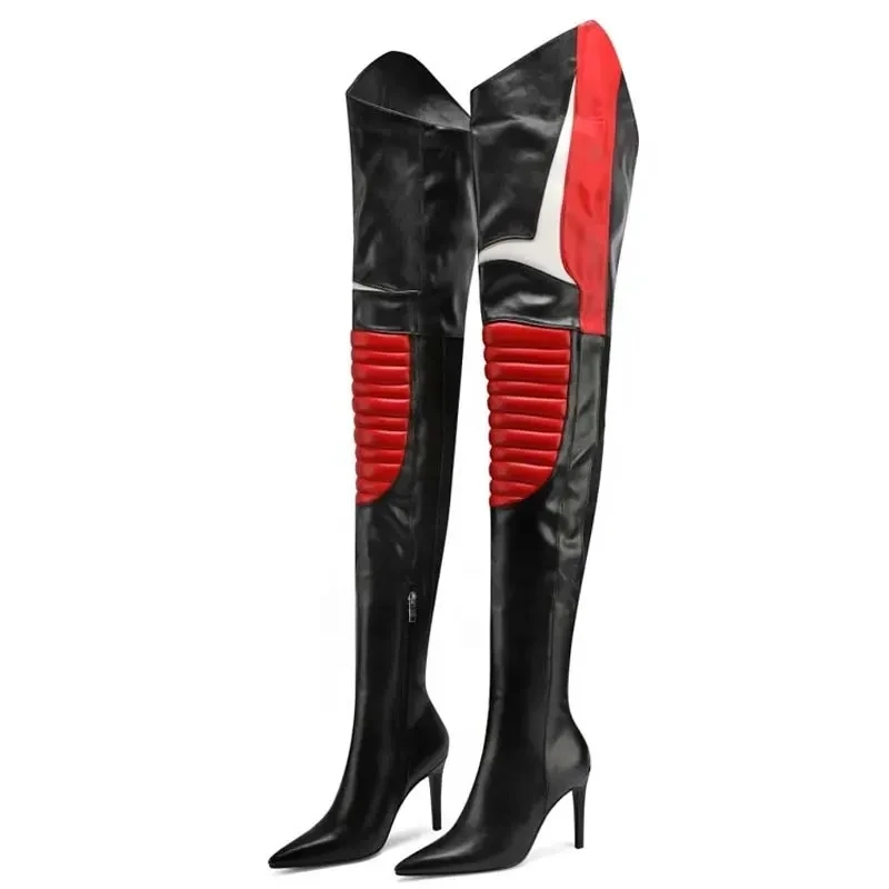 2025 женские сапоги пикантные лоскутные выше колена на высоком каблуке большие