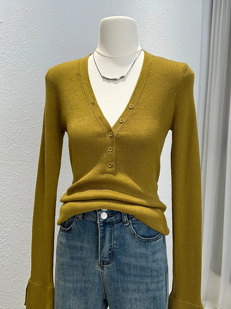 Корейская серия трикотажная женская рубашка с v-образным вырезом и длинными