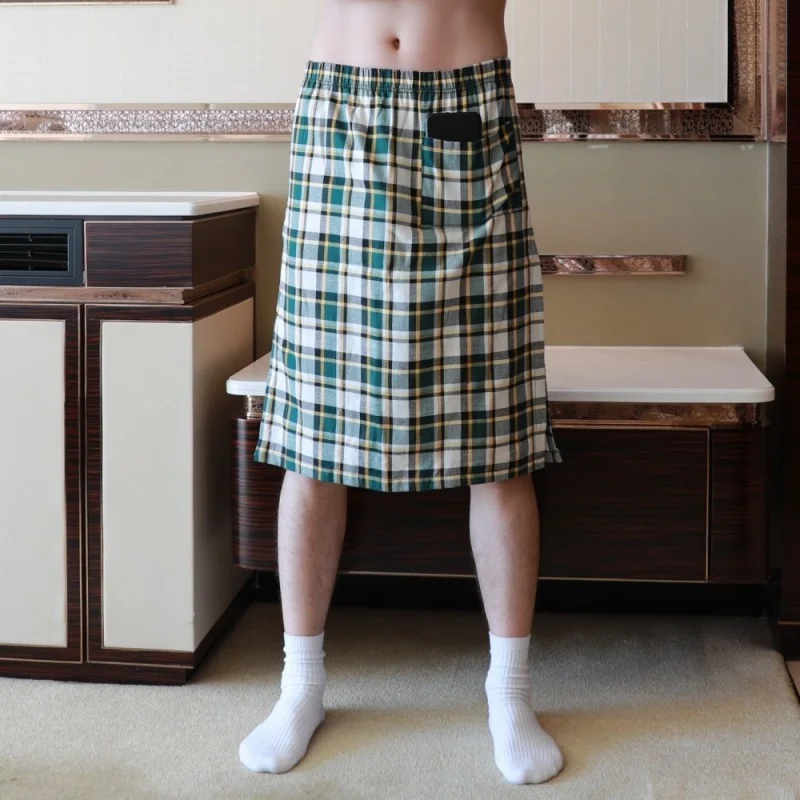 

Cotton Men Pajamas Slp Bottoms Man Plaid Short Pants Bathrobe Culottes Side Split Slp Bottoms Nightdress