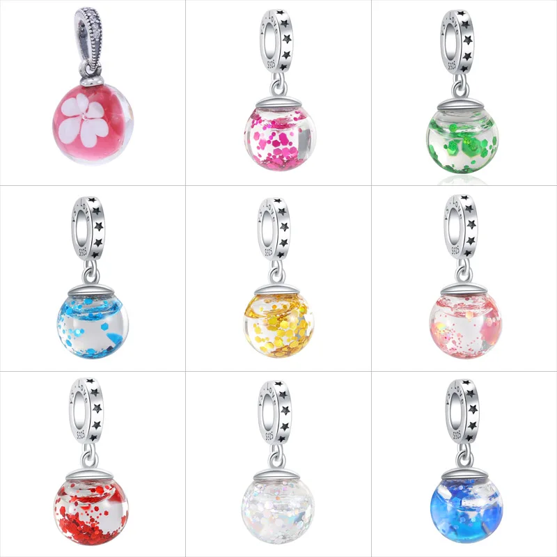 

Top Quality S925 Sterling Silver Bead Lucky Crystal Ball with Flowers Dangle Charm Fit Women Bracelet Bangle DIY Jewelry Gift