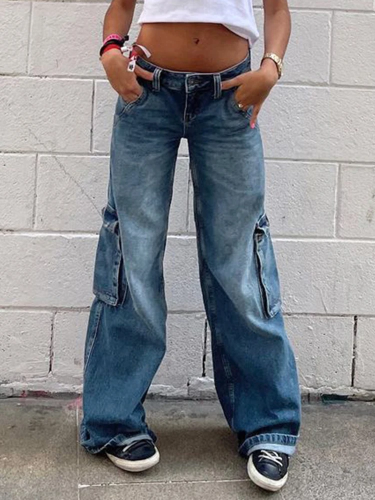 

WeiYao American Retro Street Baggy Straight Leg Jeans Woman 2022 New Casual All-Match Low Waist Wide Leg Denim Trousers 90s