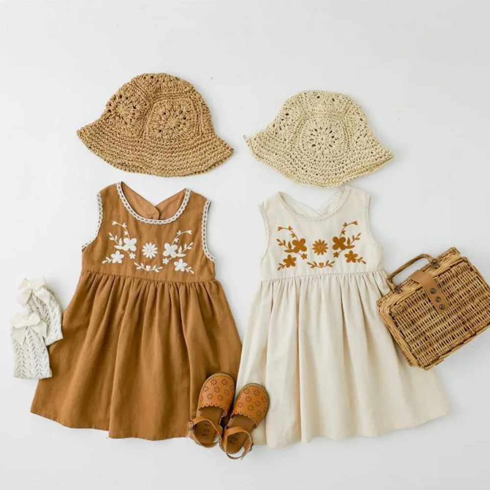 

Baby Girl Dresses Sleeveless Dress Girls Back Hollow Strap Dress New Flowers Embroidered Baby Dresses Retro Baby Girl Clothes