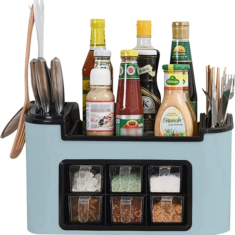 

Kitchen Storage Rack Shelf Plastic Seasoning Box Condiment Jar Organizer Set Combined Knife Rest Spice Box Organizer