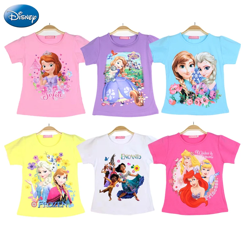 Disney Childen Kawaii Cotton Tees Clothing Shirt Frozen Mermaid Girls Summer Princess T-Shirt Baby Kids Cartoon Tops T-shirt