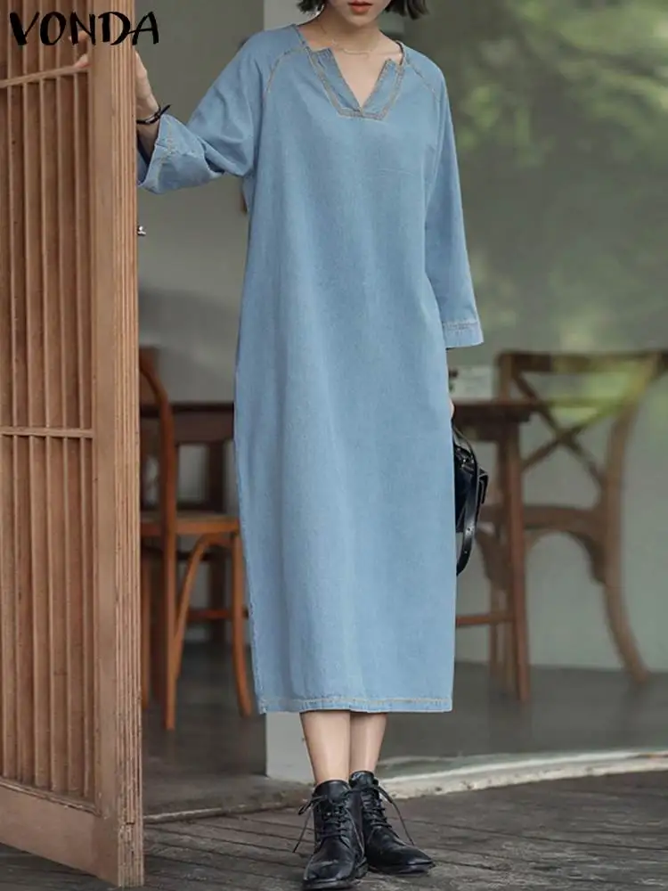 

Элегантное женское повседневное джинсовое платье VONDA 2023 длинный женский осенний свободный Однотонный сарафан средней длины с V-образным вырезом и длинным рукавом
