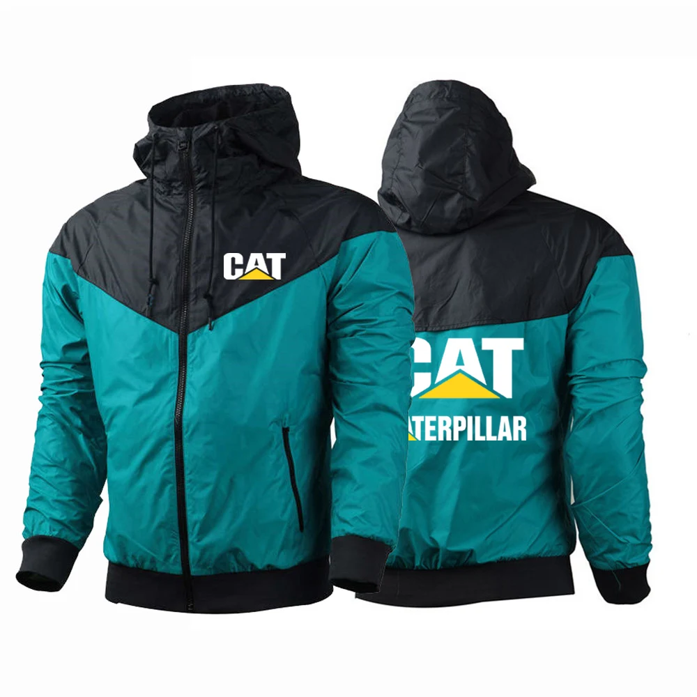 

Spring Autumn New CAT Caterpillar Logo Print Solid Color Patchwork Zip Hooded Sunscreen Mesh Lining Thin Windbreaker Man Jacket