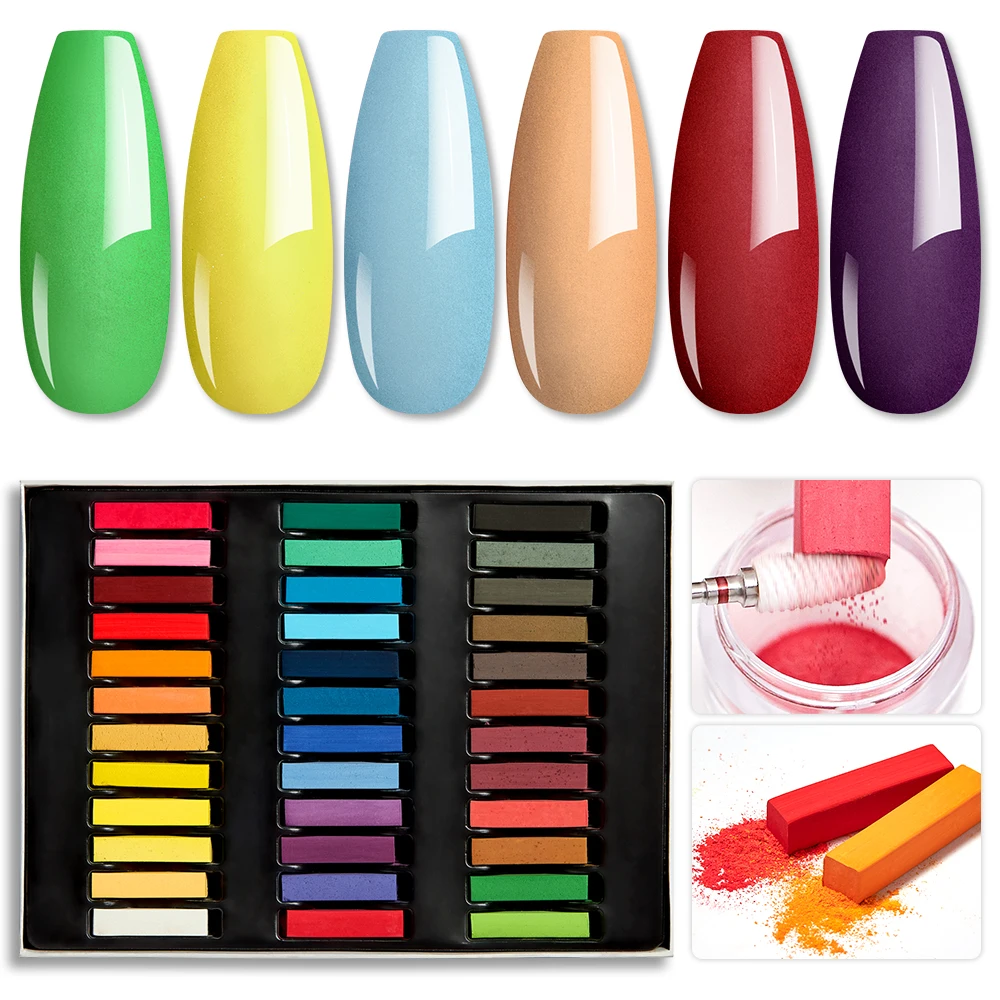 36 Colors Dyed chalk Stick Acrylic Dip Powder Nail Bright Pigment Dust Nail Powder DIY Nail Art Decoration Set Manicure Nail Kit