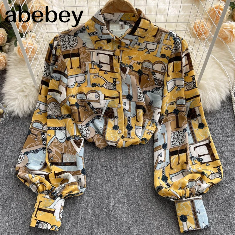 

Design Print Shirts Women Turndown-Collar Long Sleeve Fashion Korean Blouse Spring Loose Casual Streetwear Tops 2022