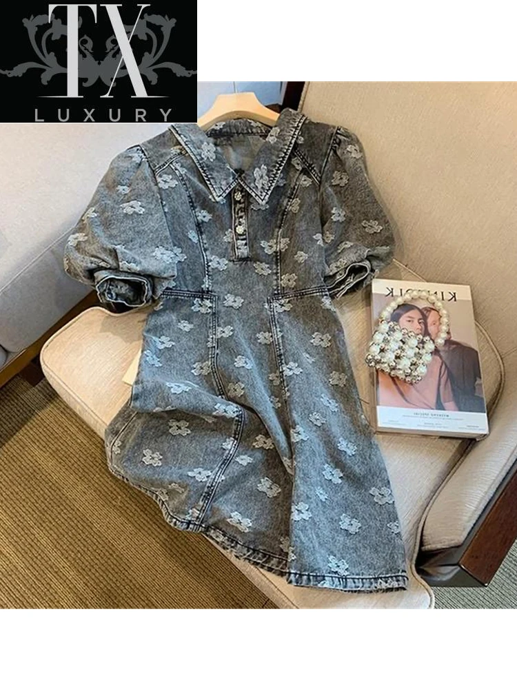 

Women's Denim Dresses Summer Slim Fit Casual Flower Printed Clothes French Vintage Sweet Puff Sleeve Polo A-line Vestidos Ladies
