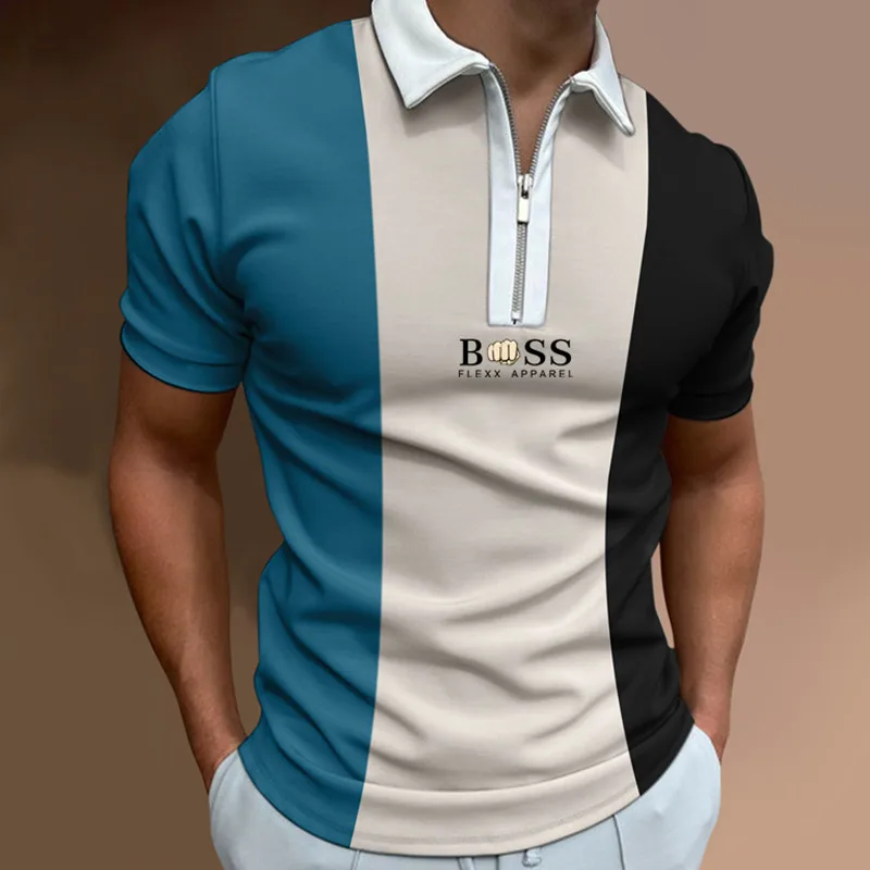 

Men Turn-Down Collar Zipper Polo Tops New Multicolor Men's Clothing Polo Shirts Patchwork Print Casual Short Sleeve Tee Shirt