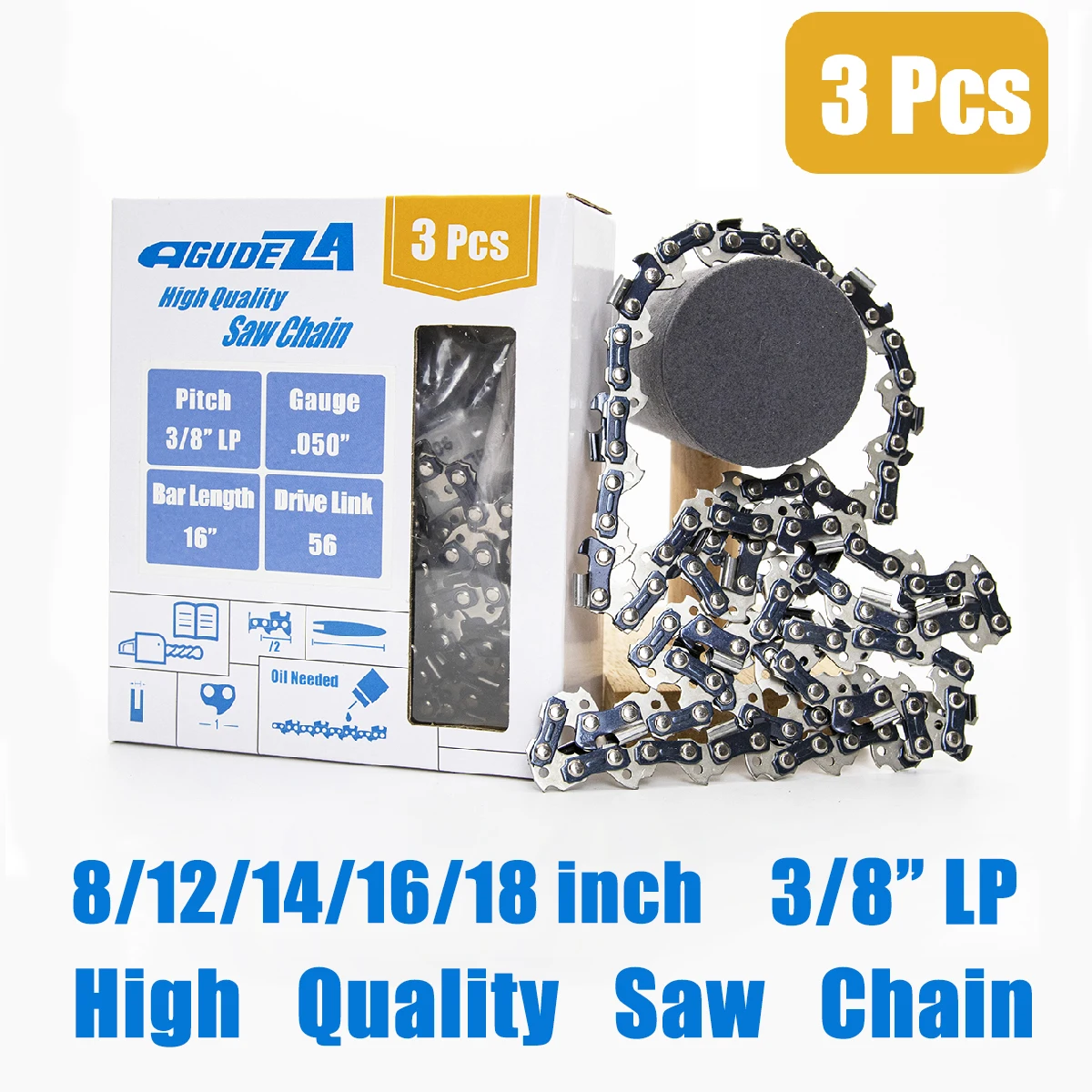 AGUDEZA 3 Pcs 8/12/14/16/18 Inch Chainsaw Chain 3/8