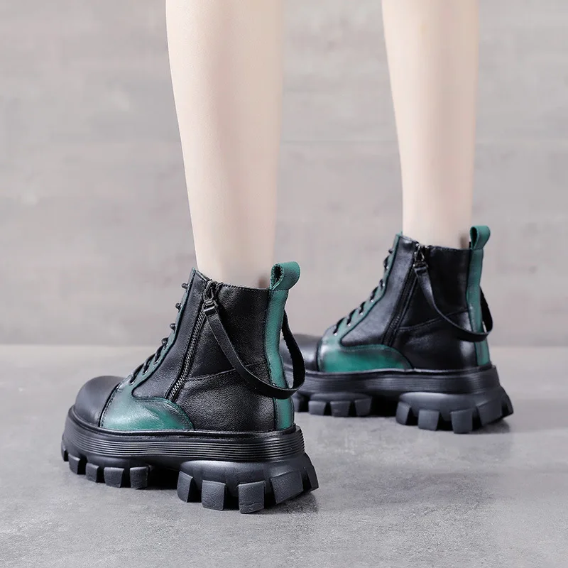 Autumn and Winter New Genuine Leather Brushed Casual Martin Women's Boots Colored Back Zipper Single Boot Thick Sole Boots