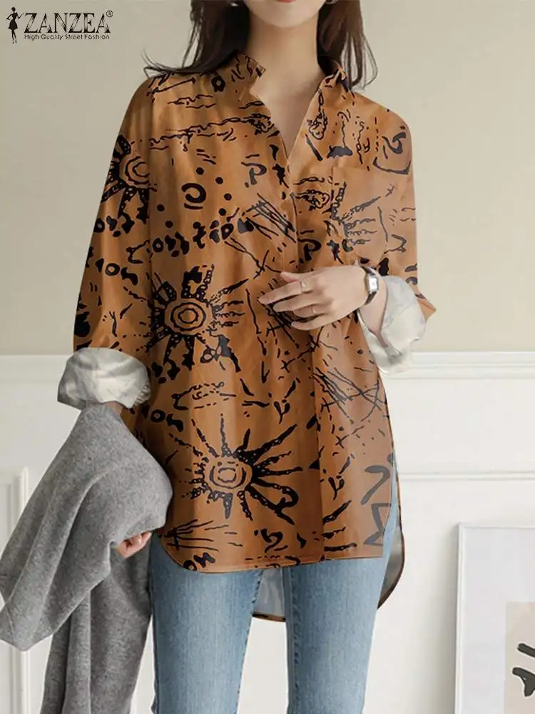 

Женская блузка с длинным рукавом, воротником с лацканами и винтажным принтом