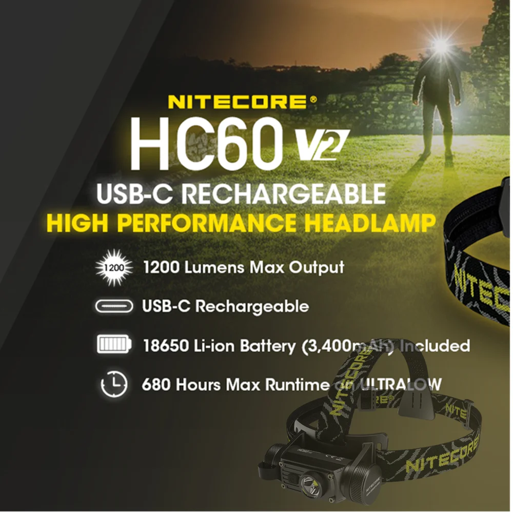 Налобный фонарь NITECORE HC60 V2 аккумуляторный 1200 лм 180 °