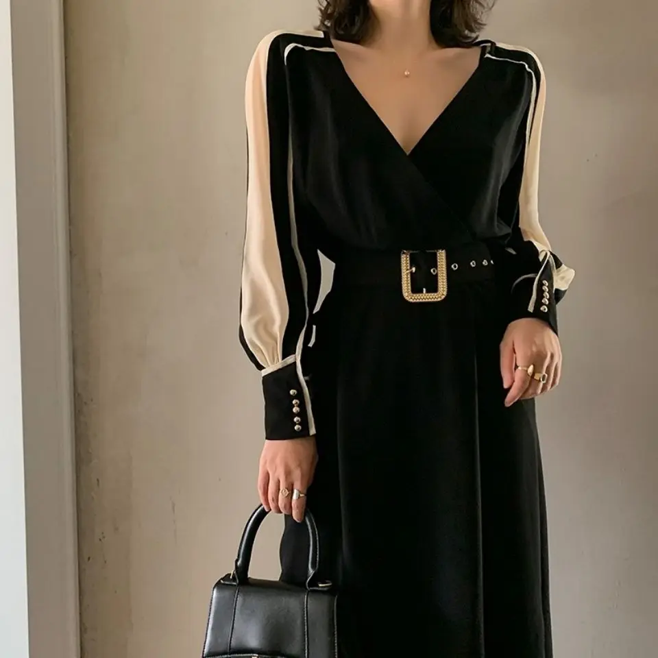 

2020 Autumn Women Casual Party Dress OL Ladies Long Sleeve Sxey V Neck Elegant French Style Fashion Vintage Patchwork Dresses
