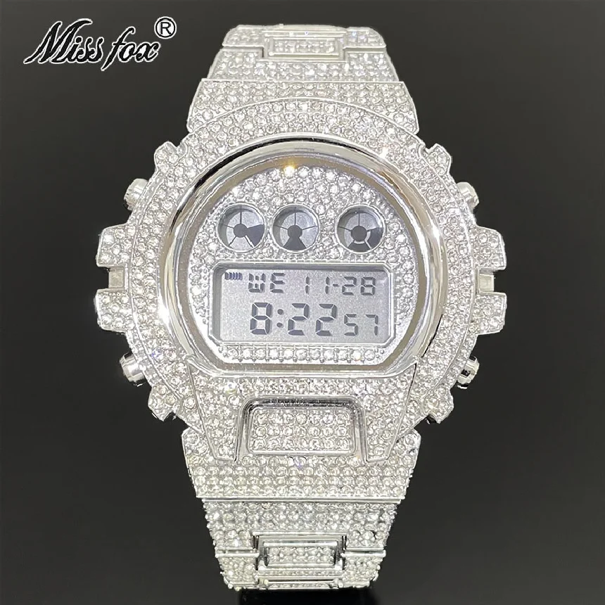 

Luxury Electronics Watch For Men Fashion Brand MISSFOX Full Diamond Digital Clock Stianless Steel Chron Wristwatch Free Shipping