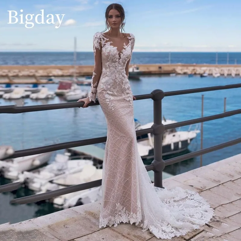 

Женское свадебное платье с юбкой-годе, кружевное атласное платье с круглым вырезом, длинным рукавом и открытой спиной, с аппликацией, свадебное платье со шлейфом