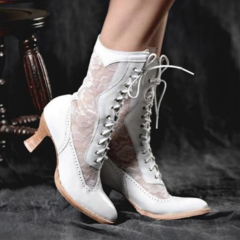 Femme Zapatos Women Victorian Pointed Toe Mid-Calf Boot Leather Lace Hollow Out Punk Lace Up Strange High Heel Shoes Plus Size43