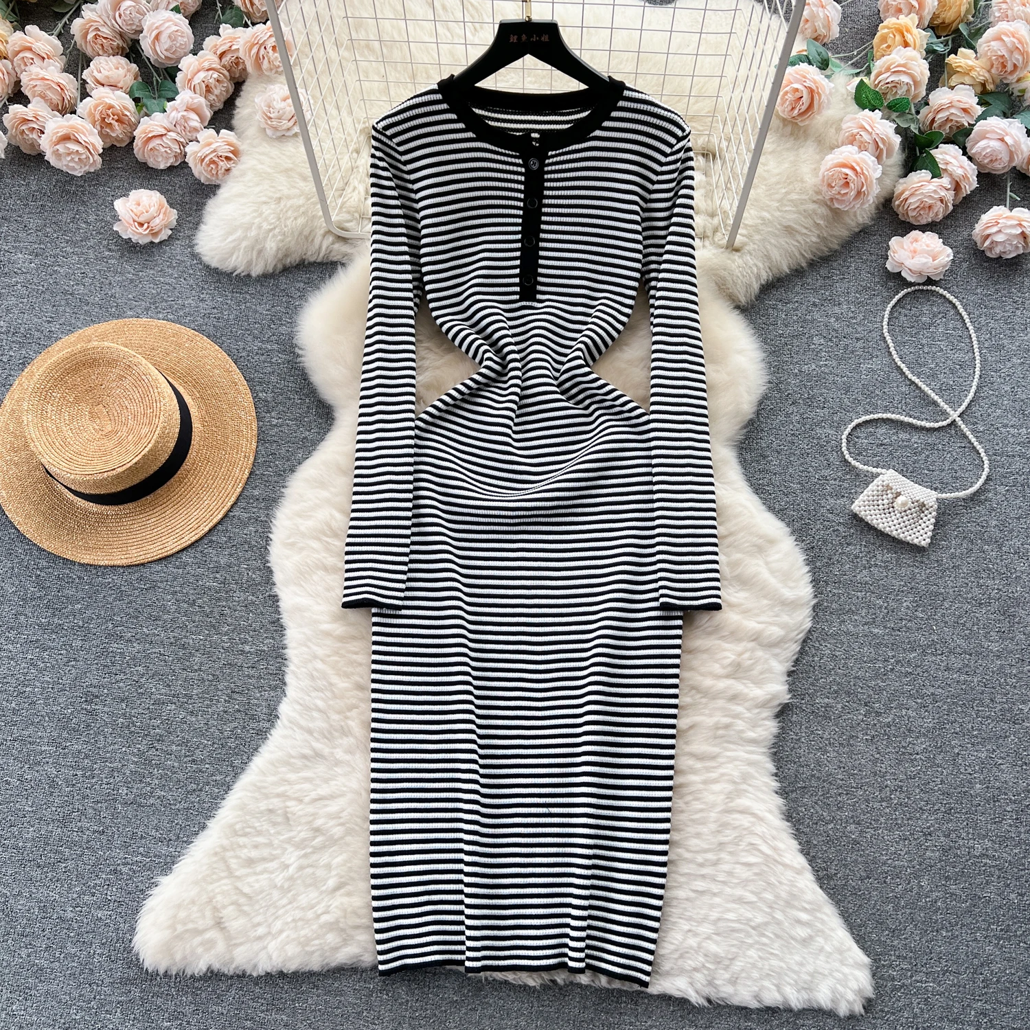 

Вязаное платье с длинным рукавом для женщин, Осень-зима 2023, новое модное корейское классическое облегающее платье средней длины в полоску