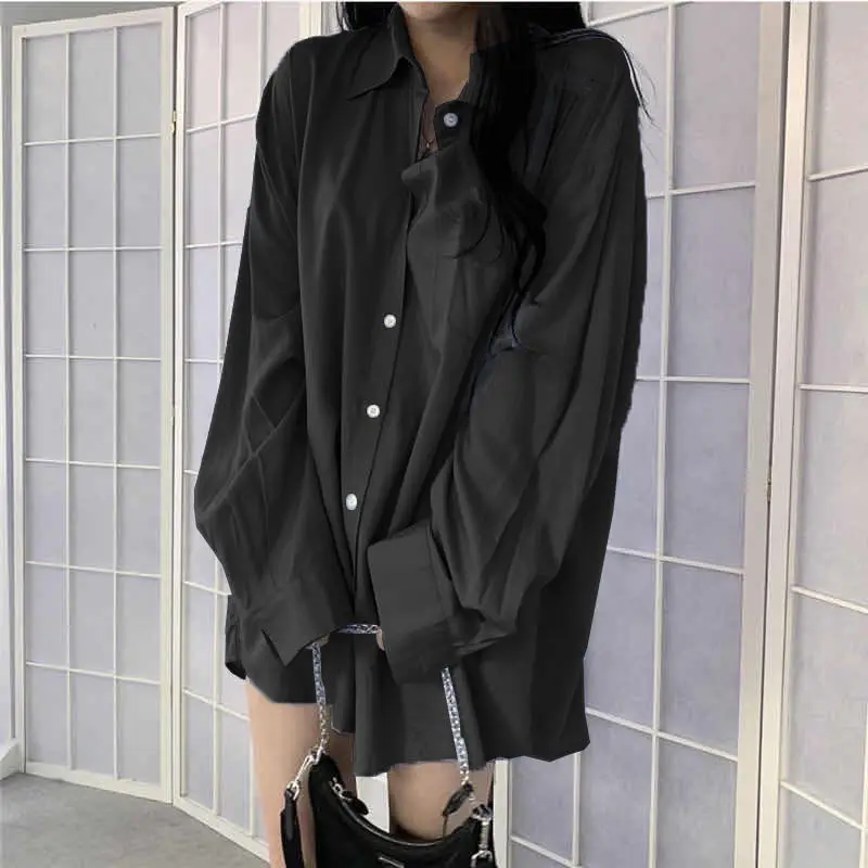 HOUZHOU Casual Black Blouse Women Long Sleeve Oversized Korean Style White Sihrts Female Basic Harajuku Streetwear Clothes