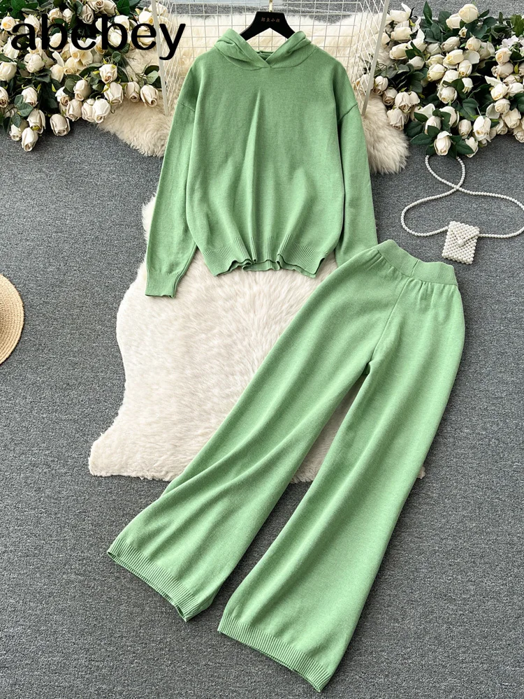 

Drawstring Hooded Women Knitted Sets Irregular Loose Sweater+Casual Wide Leg Long Pants Winter Warm Two Pieces Suits