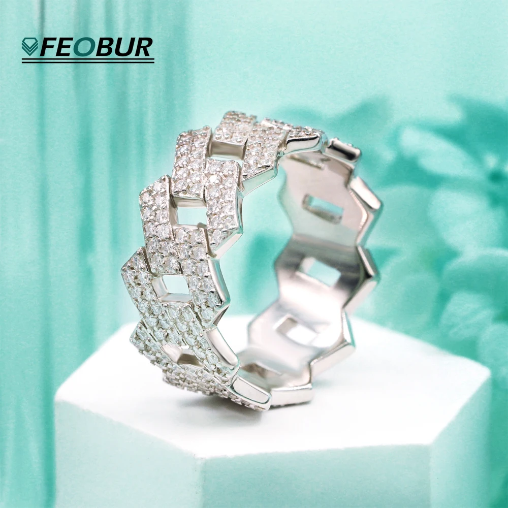 

Luxury D Color VVS1 Full Moissanite Cuban Chain Ring for Women Men Hip Hop Double Row 925 Sterling Silver Rings Fine Jewelry