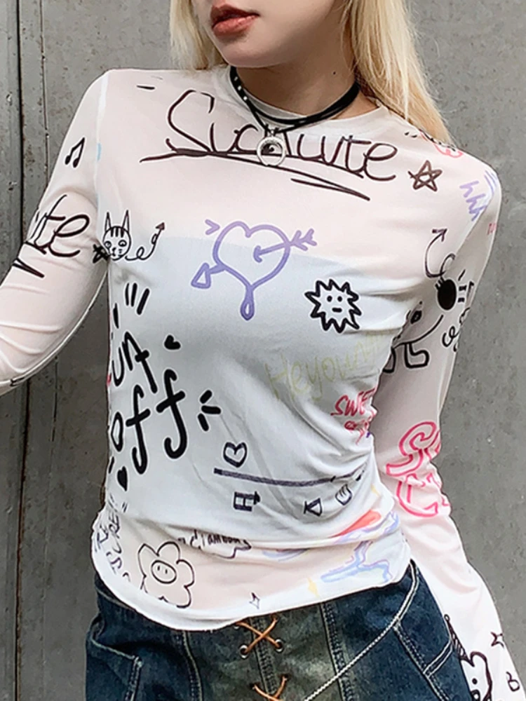 

Kalevest Personal Design Graffiti Print T-Shirt Summer Sweet Girl Mesh See Through Long Sleeve Slim Top Female Chic Streetwear