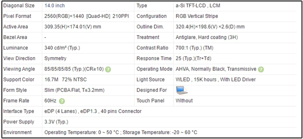DP/N 0F0WXV B140QAN01.0 14-дюймовый ЖК-экран IPS-панель QHD 2560x1440 EDP 40 контактов 60 Гц 72% NTSC 340 кд/м2