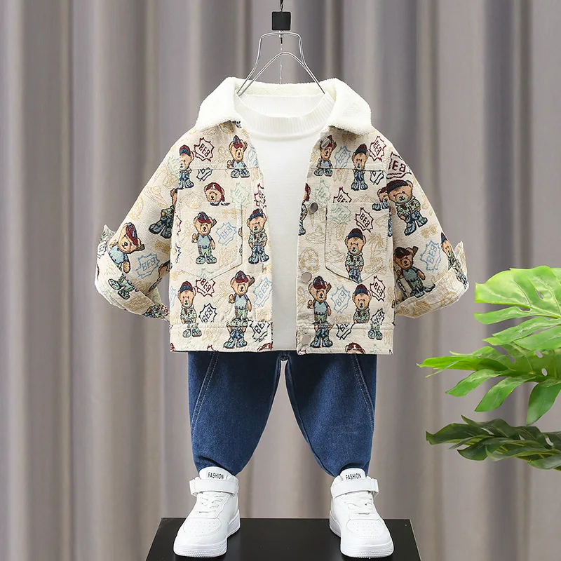 

Детская джинсовая куртка с мультяшным медведем, на флисе