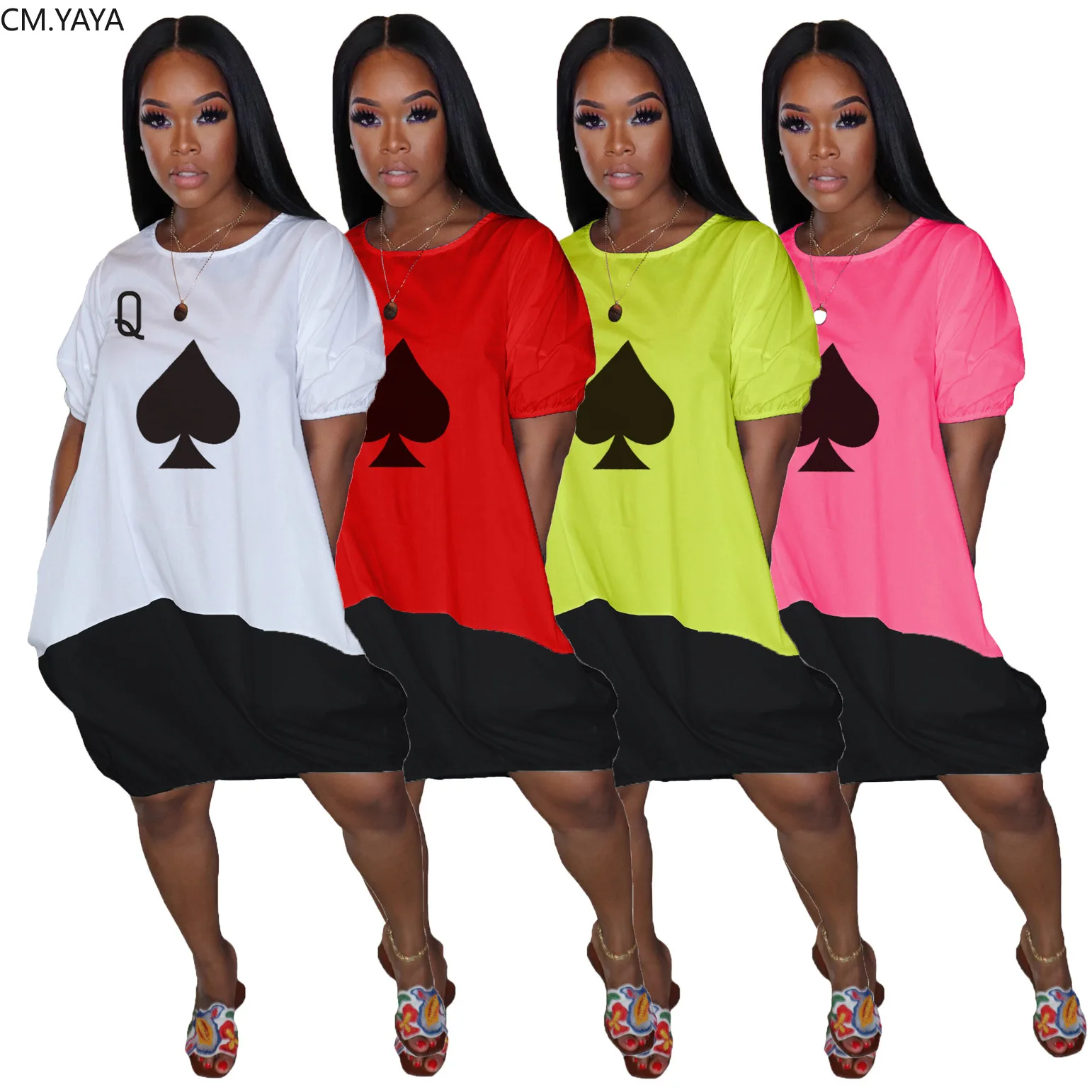 CM.YAYA Women Black Queen Poker Card Print Loose Knee Length Casual Dress Fashion Streetwear Short SleeveO-neck Dresses Vestidos | Женская