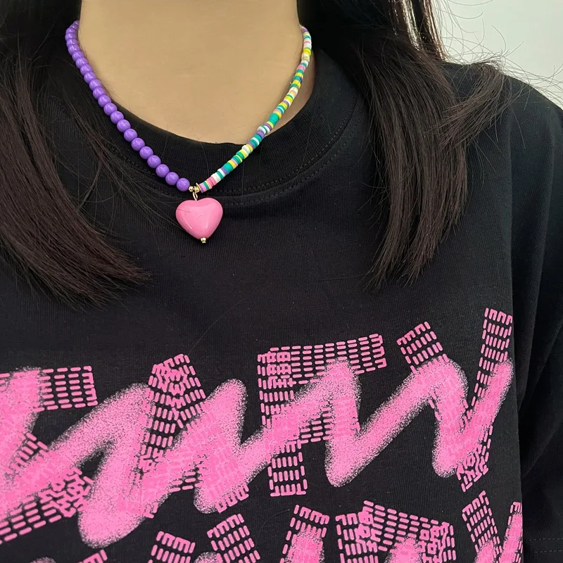 

Harajuku Vintage Y2K Goth Candy Color Pink Peach Heart Pendant Beaded Necklace For Women Cute Egirl EMO Jewelry Accessory Gift