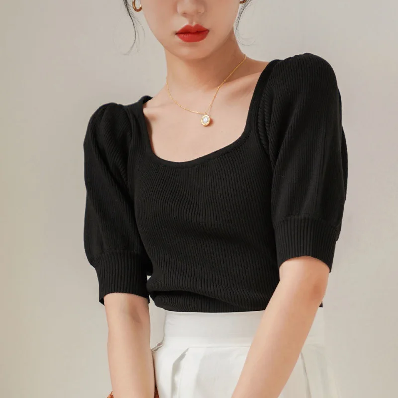 French Style Square Collar Puff Sleeve Knitted Top for Women Summer Retro Short Sleeve Ice Silk T-shirt Trendy