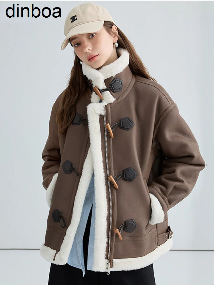 

Cotvotee Winter Jackets for Women New Brown Faux Fur Lambswool Fleece Stand Collar Hom Button Coats Snow Warm Jacket Women Tops