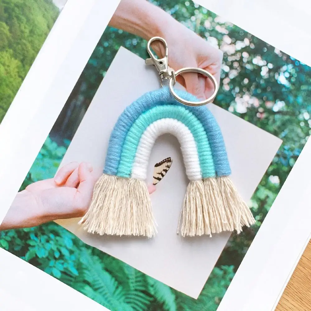 

Pendant Keychain Colorful Woven Key Ring Rainbow Holder Hanging Bag Car Decor