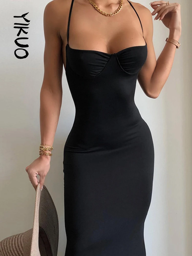 

YIKUO Black Halter Neck Women Maxi Dress Bodycon Casual Backless Summer Elegant Dresses Beach Party Sleeveless 2022