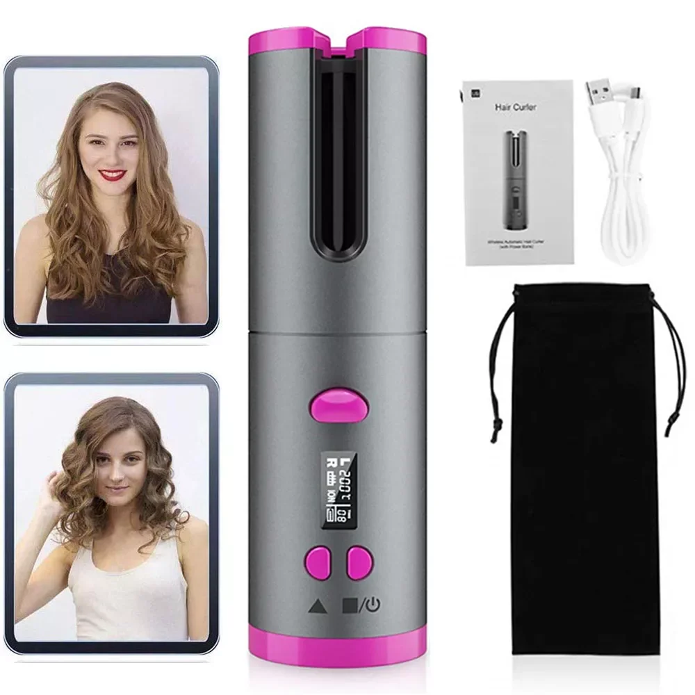 

NEW2023 Rechargeable Automatic Curling Iron Cordless Auto Hair Curler Ceramic Ionic Hair Curling LCD Display Spin Curling Iron H