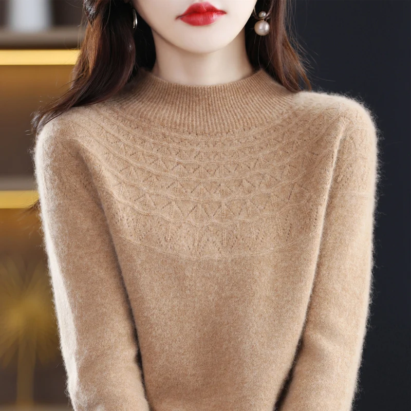 Spring and Autumn Women's Half High Collar Round Neck Hollow Out Sweater        D03