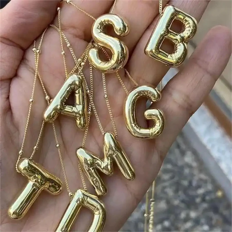 

Gold Plated Copper Chunky Alphabet Balloon Bubble Initial Letter Pendant Necklace for Women Men Personalized Fashion Jewelry